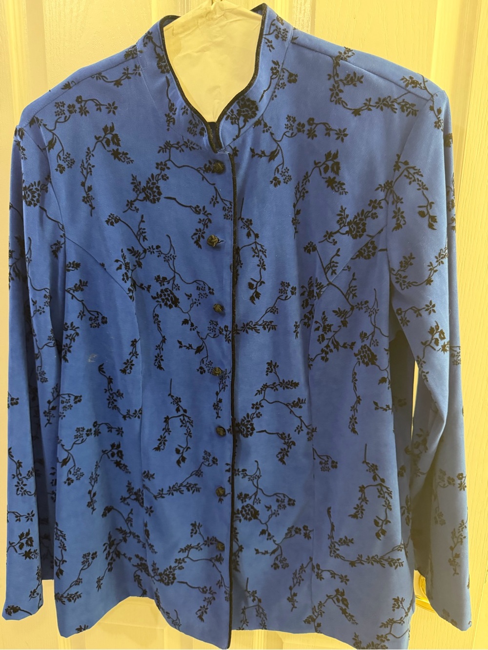 Notations Blue Jacket with Black Floral Burnout